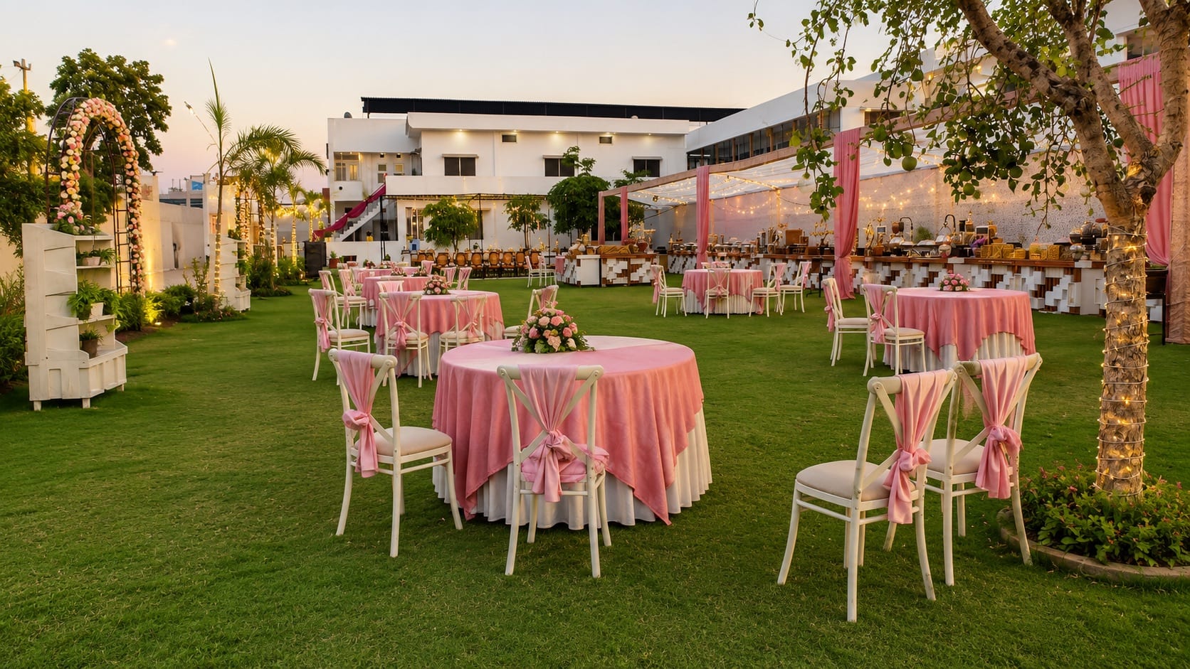 Outdoor lawn arranged for celebrations at Hotel Vasant