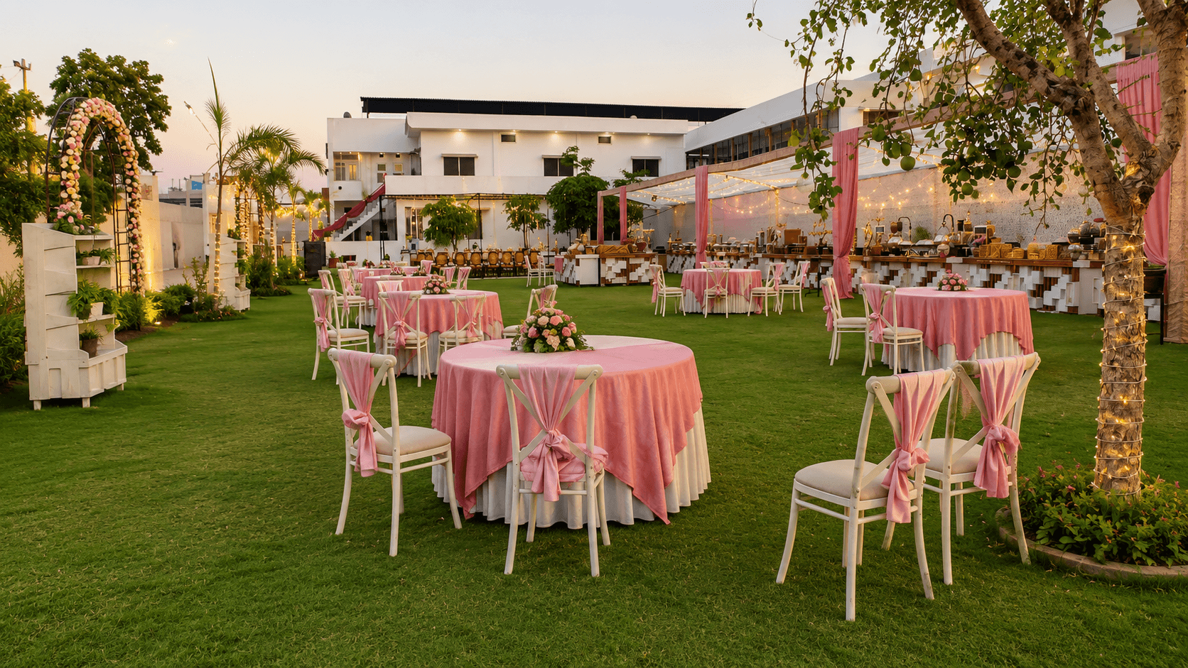Outdoor lawn arranged for celebrations at Hotel Vasant
